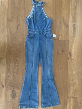 NWT Free People Blue Denim Halter Flared Overalls/Jumpsuit